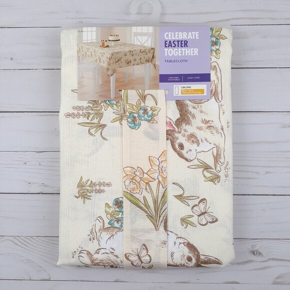 Other - Fabric Tablecloth Easter Bunny Rabbit  Flowers 60x84 Daffodils Tulips